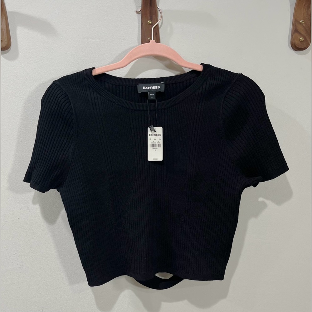 NWT Express Body Contour Cutout Cropped Sweater Ribbed Black Size L - Picture 4 of 9